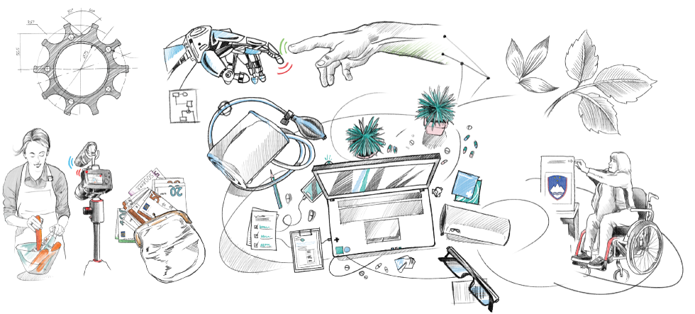 Ilustracije različnih spretnosti (zobnik, dve roki, ena mehanska, druga človeška se dotikata s prstom, listje, snemanje kuharskega recepta, invalidka voli in oddaja glas v volilno skrinjico, denarnica z bankovci, računalnik, očala, ...)